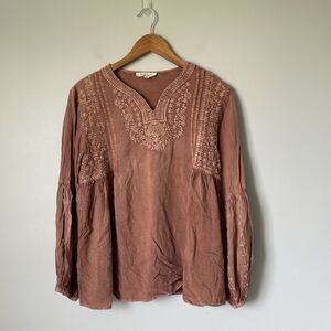 Solitaire Boho Embroidered Blouse Top Long Sleeve Flow Brown Women's Size Small